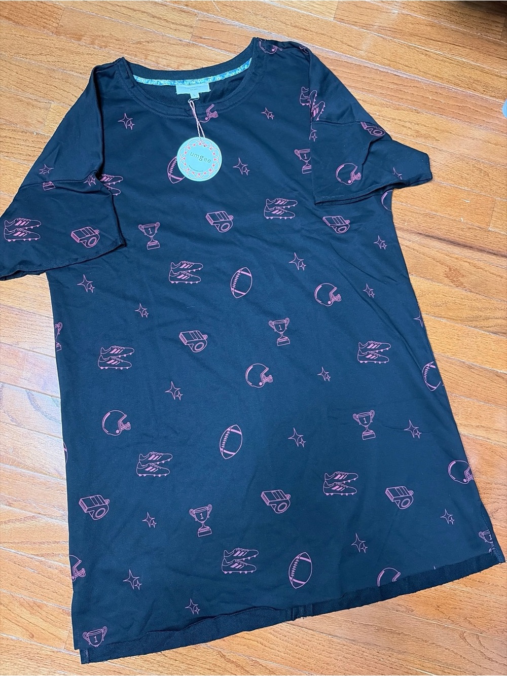 Umgee Womens Black Pink Football Graphic Print T-Shirt Dress Size L NWT